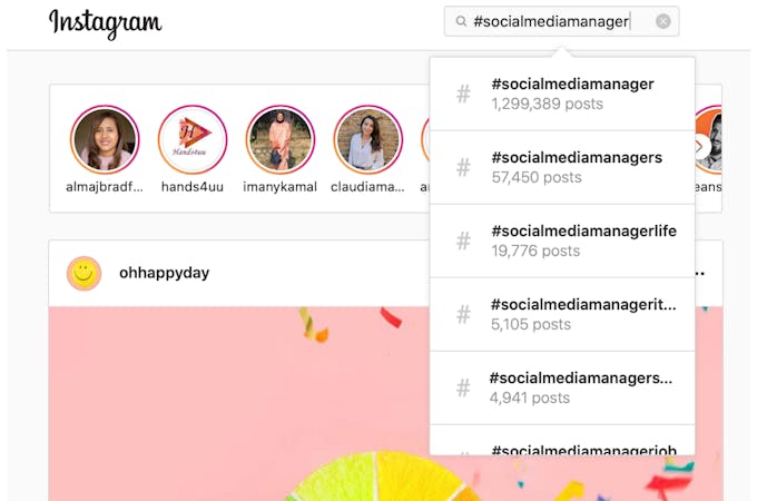 A screenshot of how to find more hashtags in Instagrams search function.