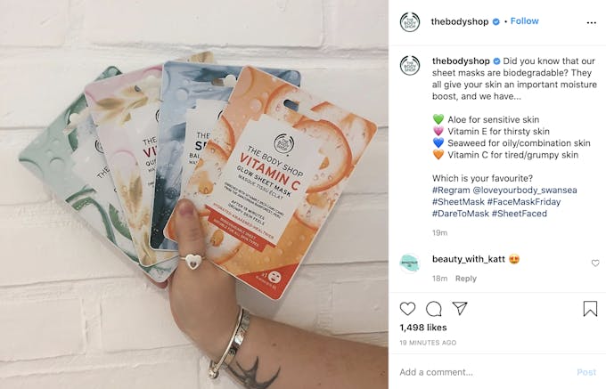 Screenshot of thebodyshop using a preview promise bridge method in their Instagram post.