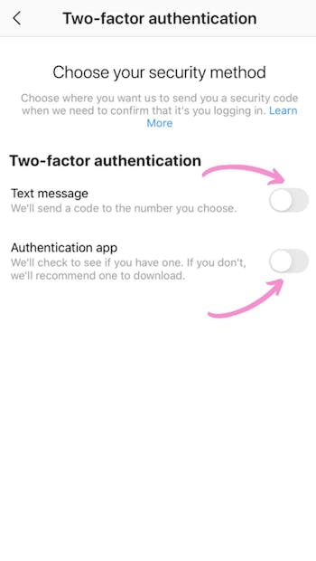 Choose your two factor security method: sms or login code from a third party two factor app