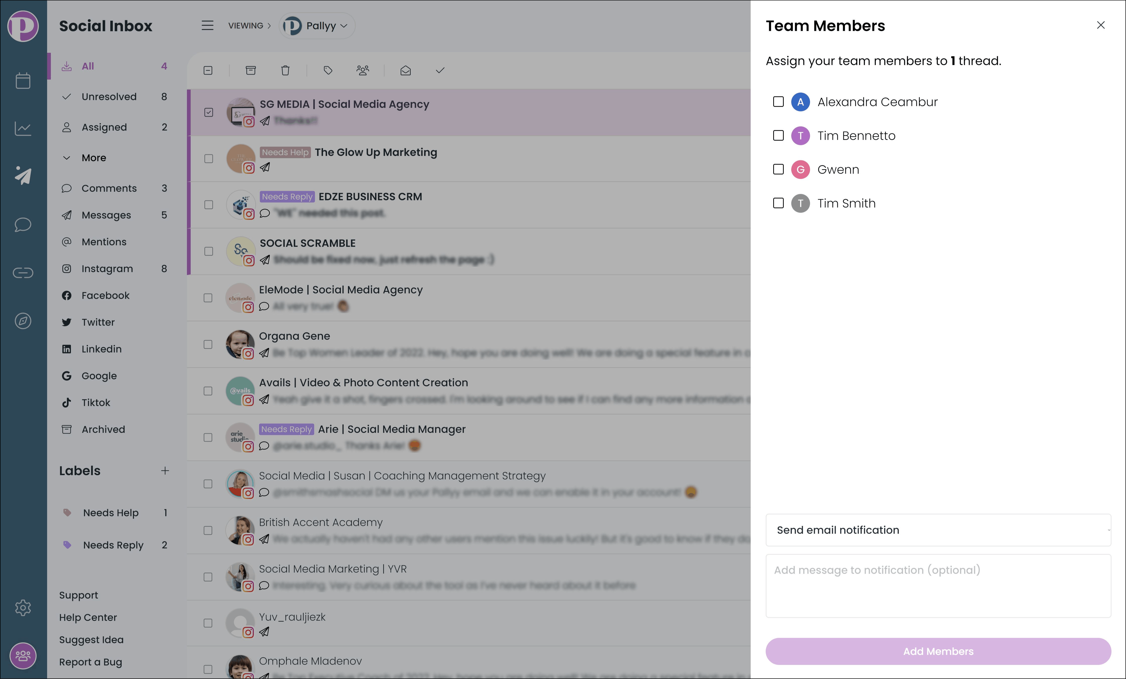 Assign team members to conversations in Pallyy's social media inbox.