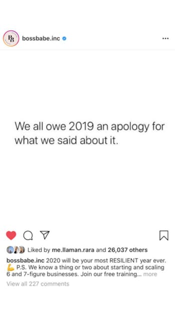 Bossbabe.inc's Instagram apology quarantine caption