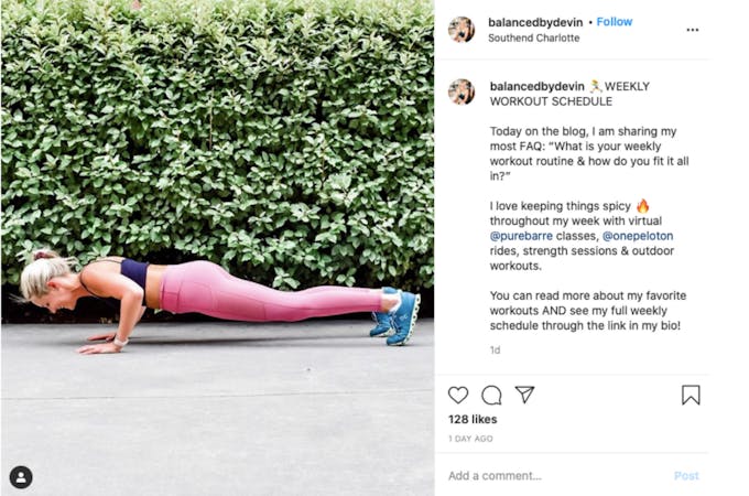 Screenshot of an Instagram caption promoting a workout schedule to educate their audience.