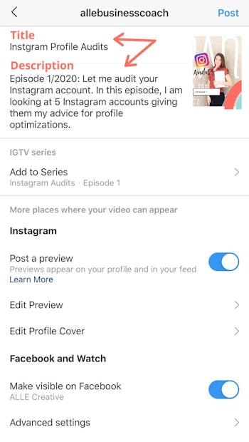 Add a title and description to your IGTV, similar to writing a caption for a post.