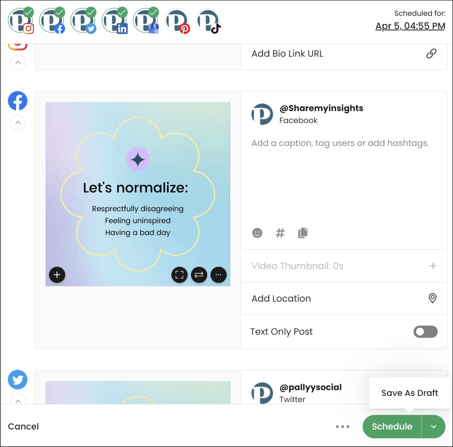 Save your social media posts as drafts to schedule at a later time
