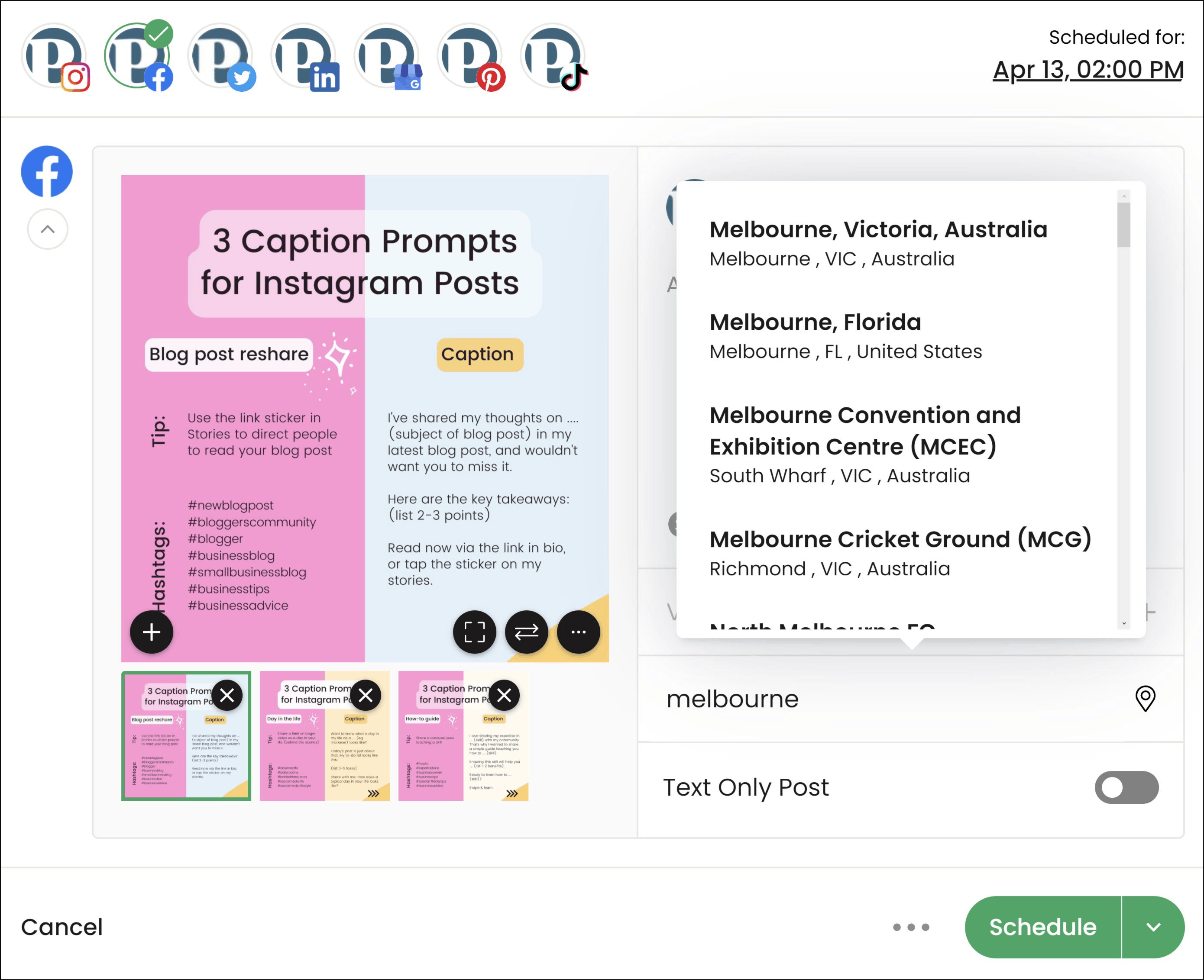 Add a location to your scheduled Facebook posts.