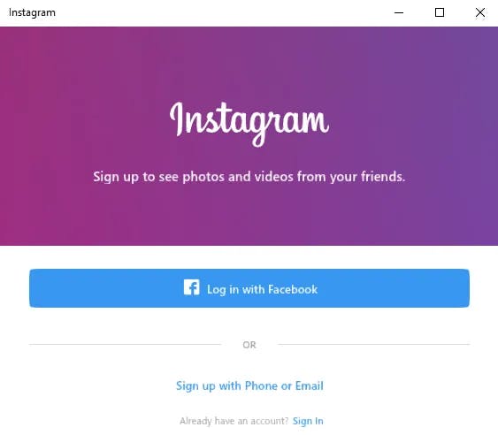 Screenshot of the instagram app on PC, in the windows app store.