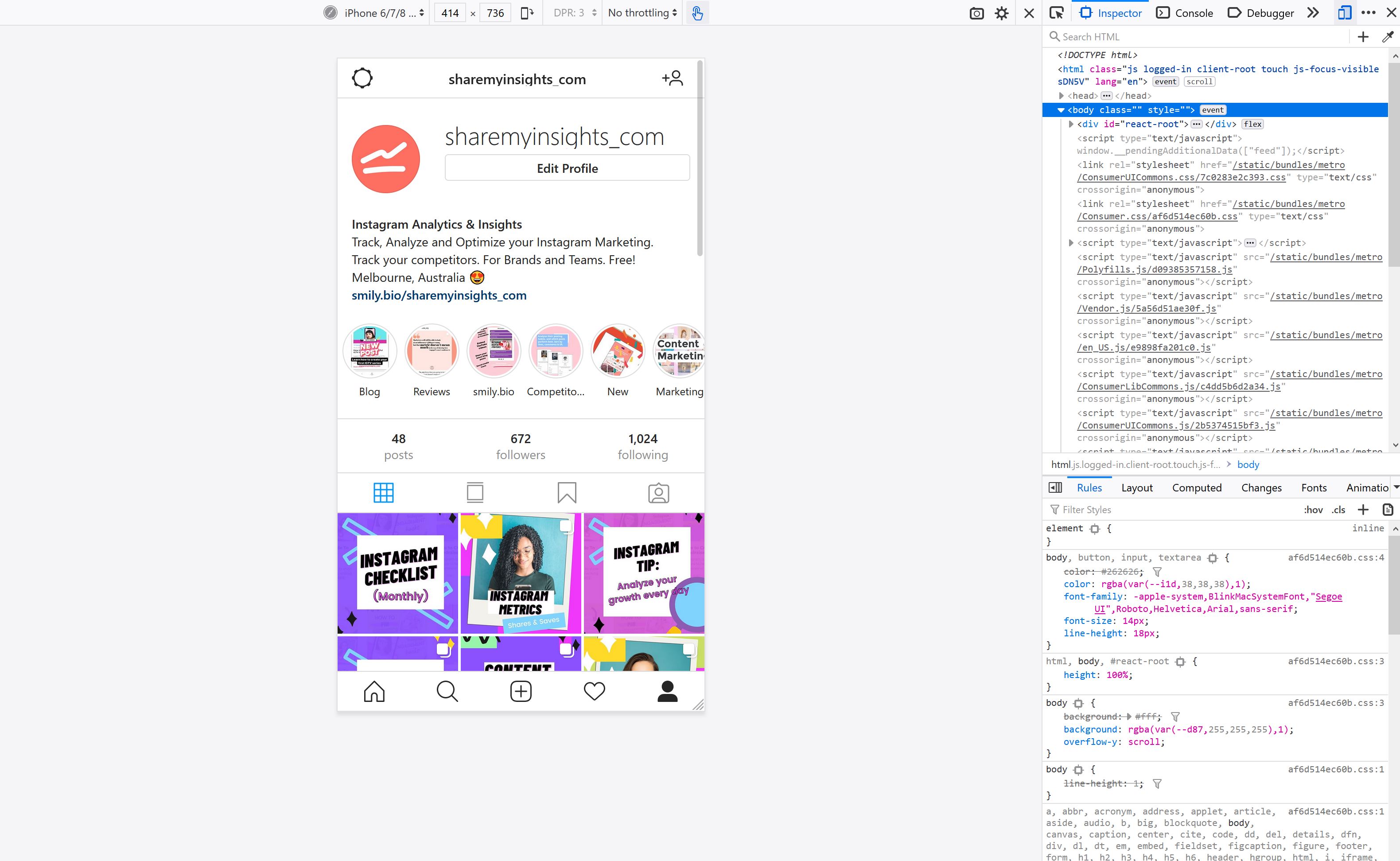 Screenshot if Instagram after inspecting the element by right clicking the page