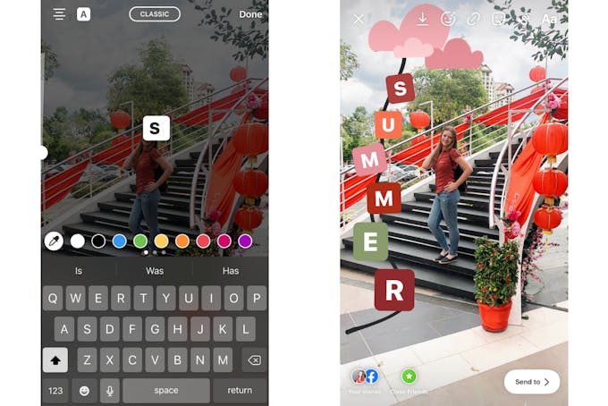 Screenshot of how to use square letters in an Instagram story with 2 Instagram stories