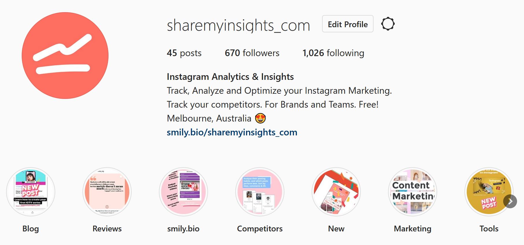 Sharemyinsights_com Instagram profile, showing where you can add a link in your bio.