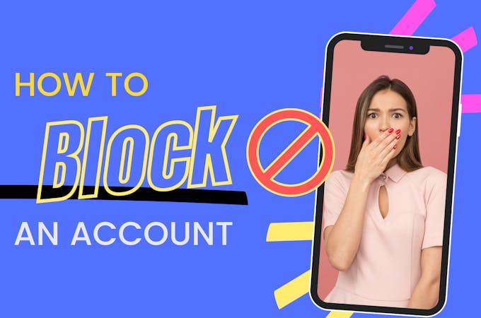 A girl with her hand over her mouth and the text how to block an account on Instagram