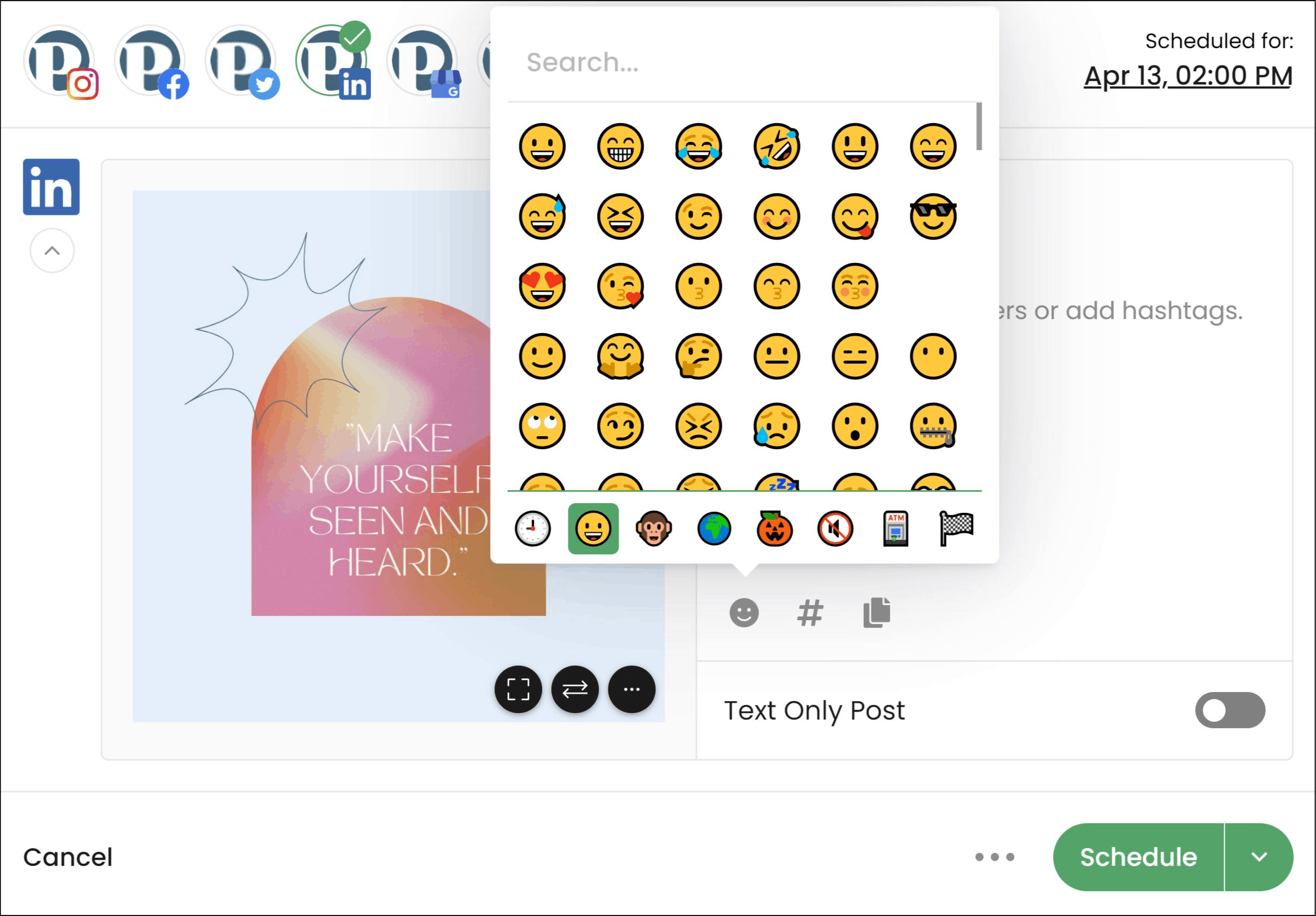 Easily insert emojis into your scheduled linkedin posts.