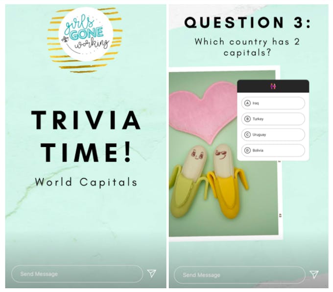 A screenshot of a trivia quiz in an Instagram story with the title Trivia Time.
