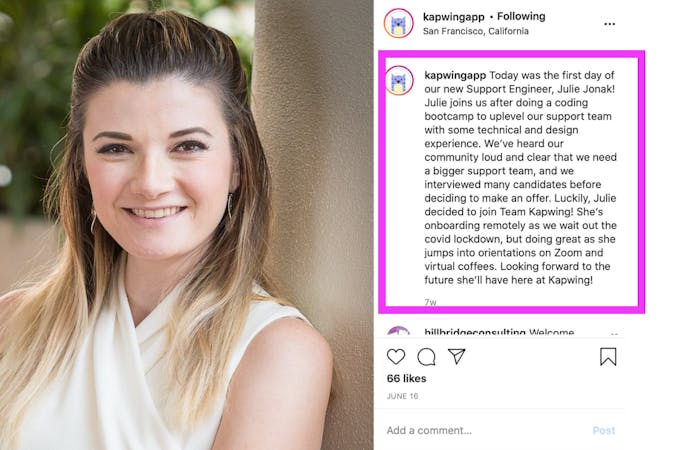A screenshot an an Instagram caption that is introducing a new worker to their team.