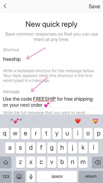 Start creating your new Instagram quick replies, write your message and create a shortcut