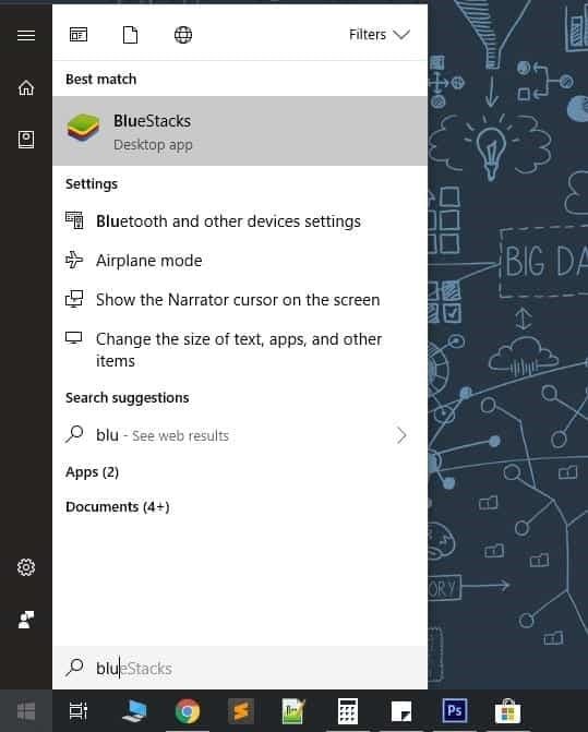 Screenshot showing how to find the bluestacks app on your PC