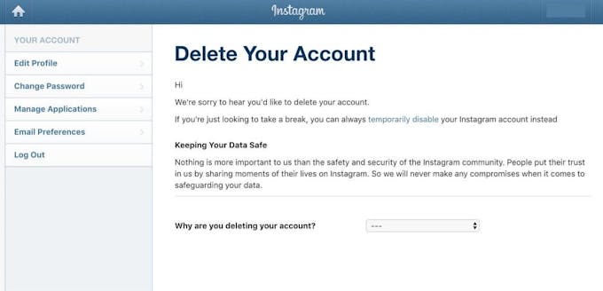 Instagrams website showing the delete your Instagram account page.