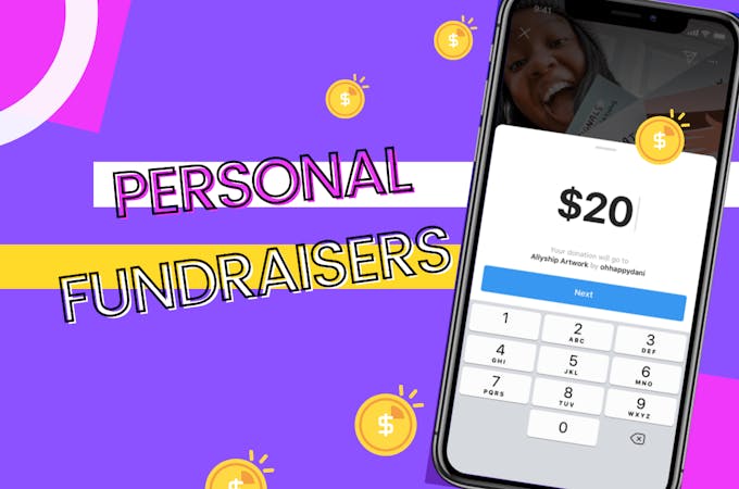 A graphic showing a phone with a Instagram personal fundraiser screenshot and some text.