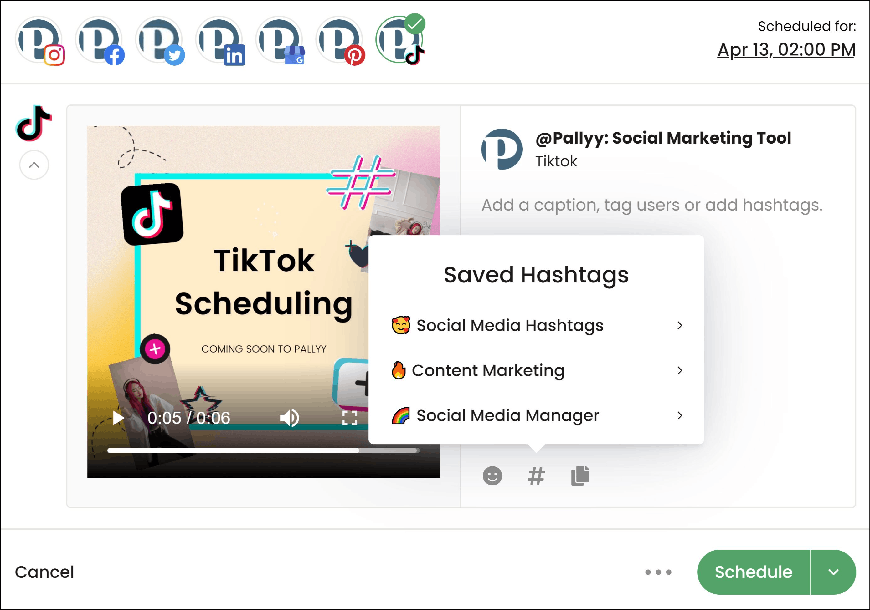 Add a caption and hashtags when scheduling a TikTok post.