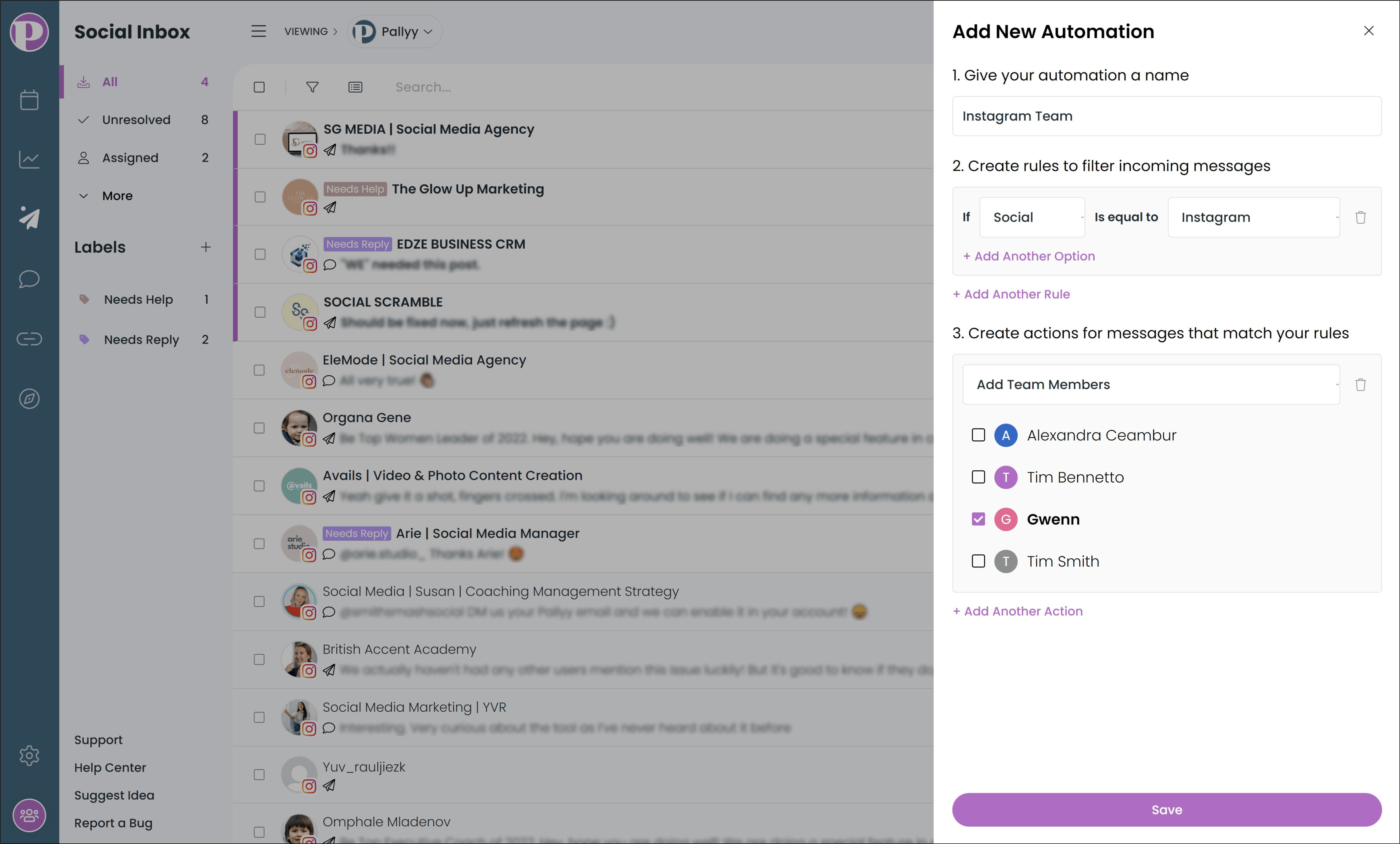 Create inbox automations to filter incoming messages in Pallyy's social media inbox tool.