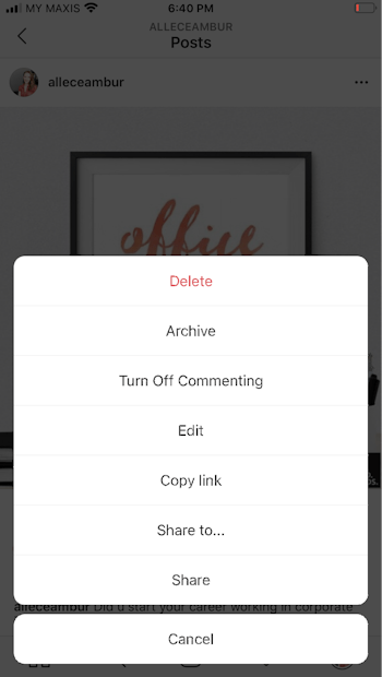 A screenshot showing the menu that allows your to delete or archive your Instagram post.