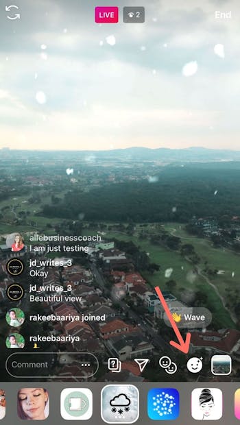 Tap the smiley face ion to add an Instagram story filter to your live video