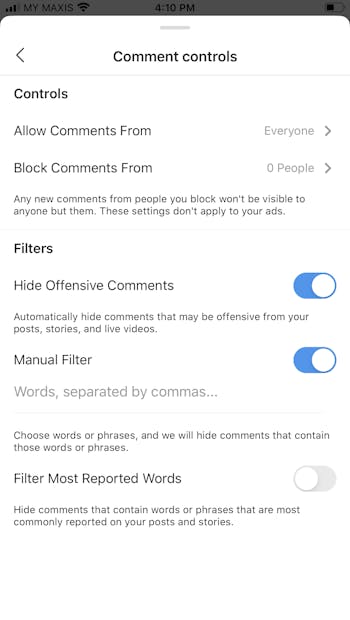 A screenshot of your Instagram comment controls, where you can block or restrict comments.