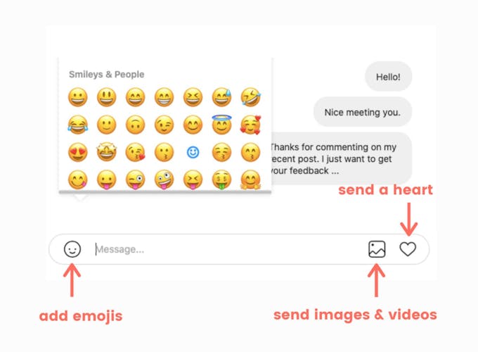 Type your DM, add emojis, images or videos, hearts and send it!