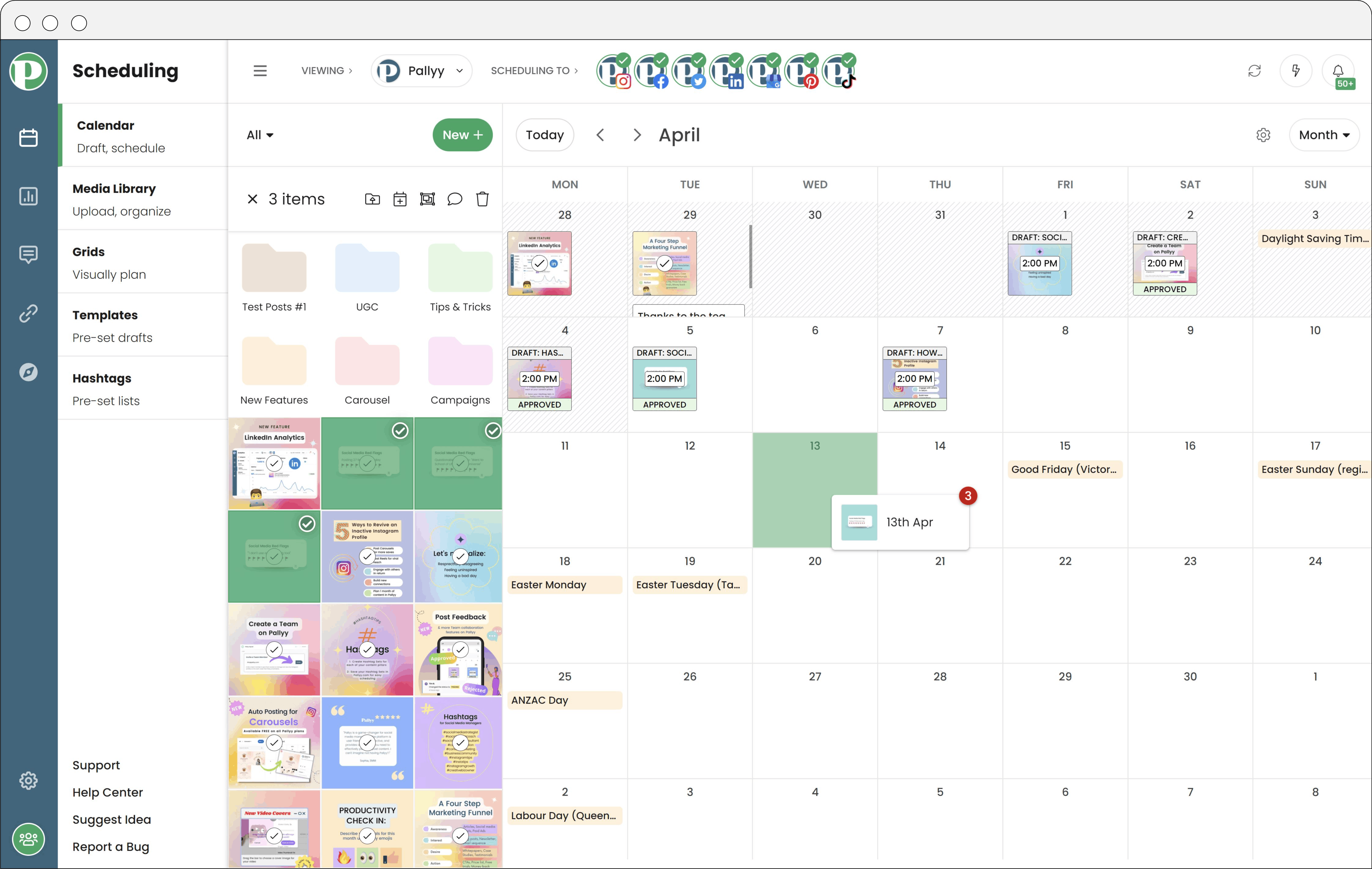 Dragging a post on Pallyys calendar to show how easy it is to save time scheduling.