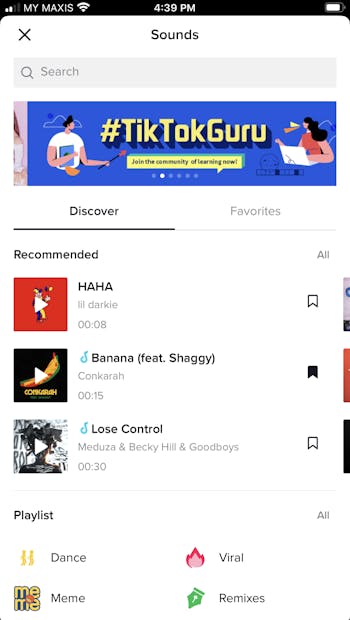 A screenshot of the sounds page in tiktok's app.