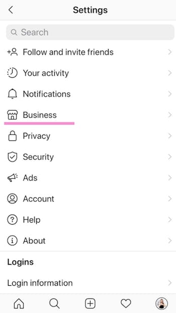 Next, tap business from the settings menu
