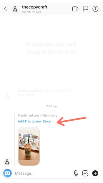 From the DM, tap on add this to your story to add it to your Instagram story