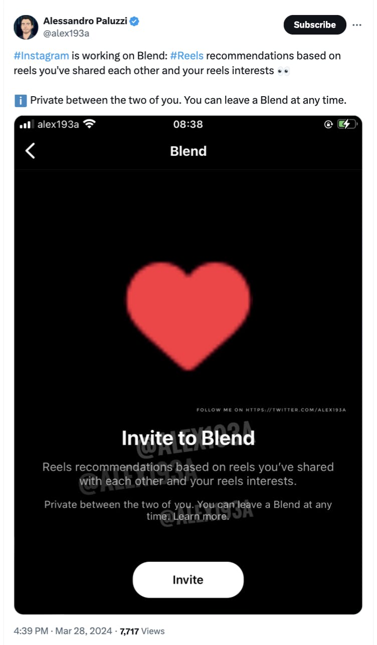 Instagram is developing a private reels feature called 'Blend'