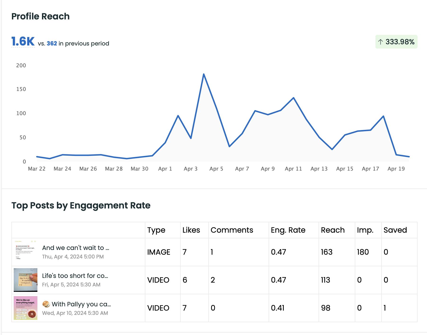 Pallyy analytics report - profile reach and top posts by engagement rate 
