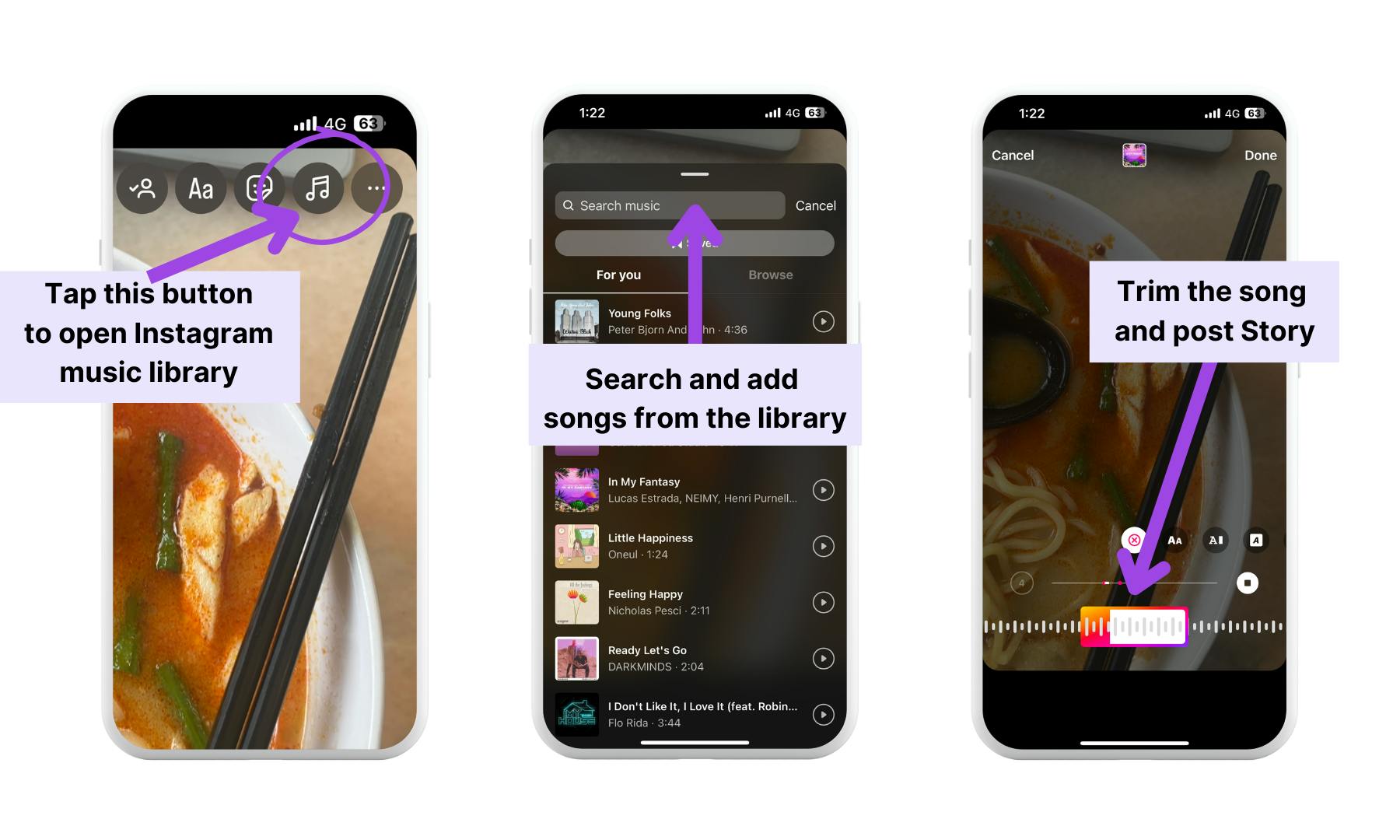 Instructions for adding music to an Instagram Story using Instagram music library
