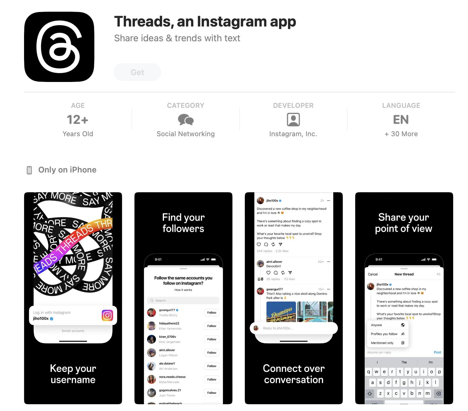 Threads, an Instagram app on Apple app store