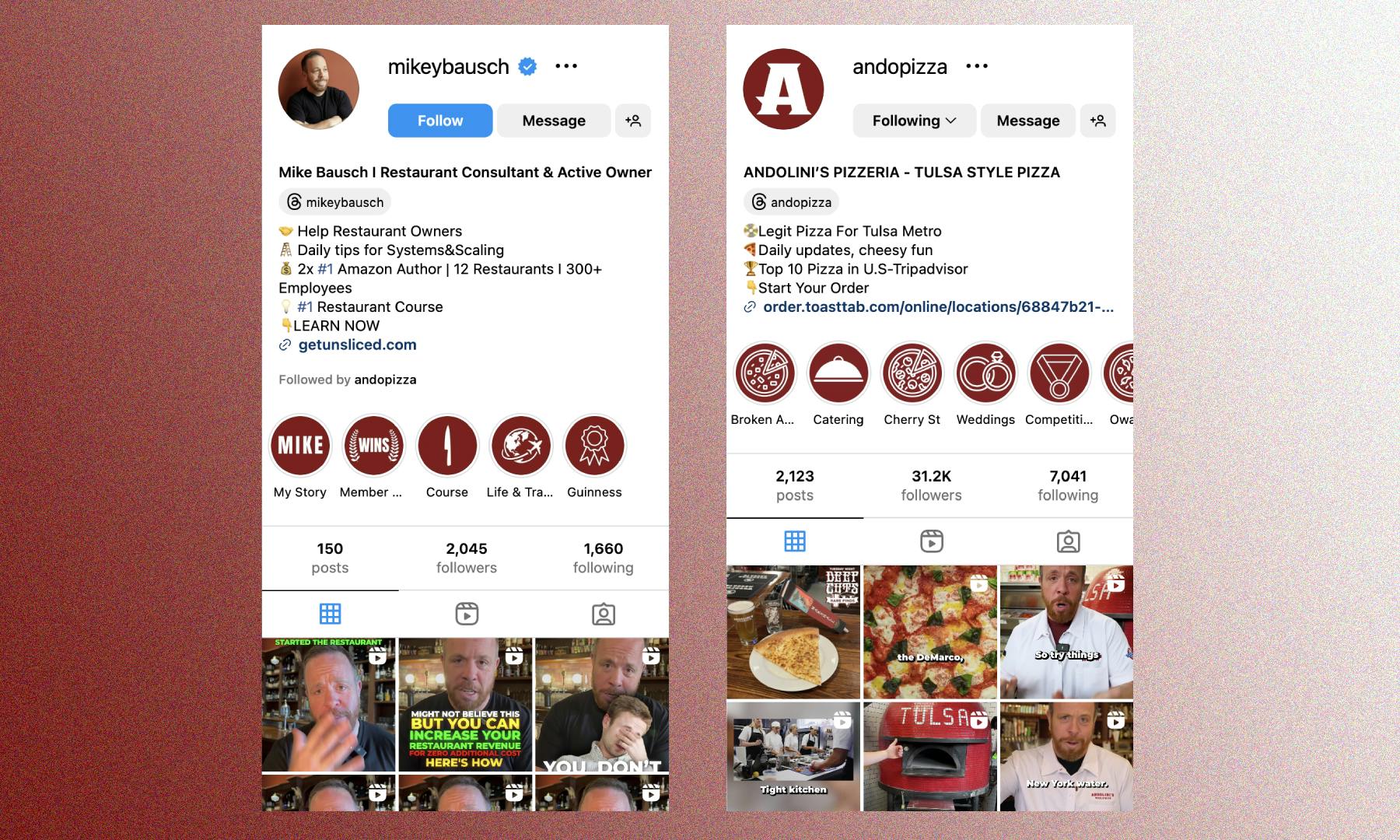 Instagram profiles for Mike Bauscha and Andolini's Pizzeria.