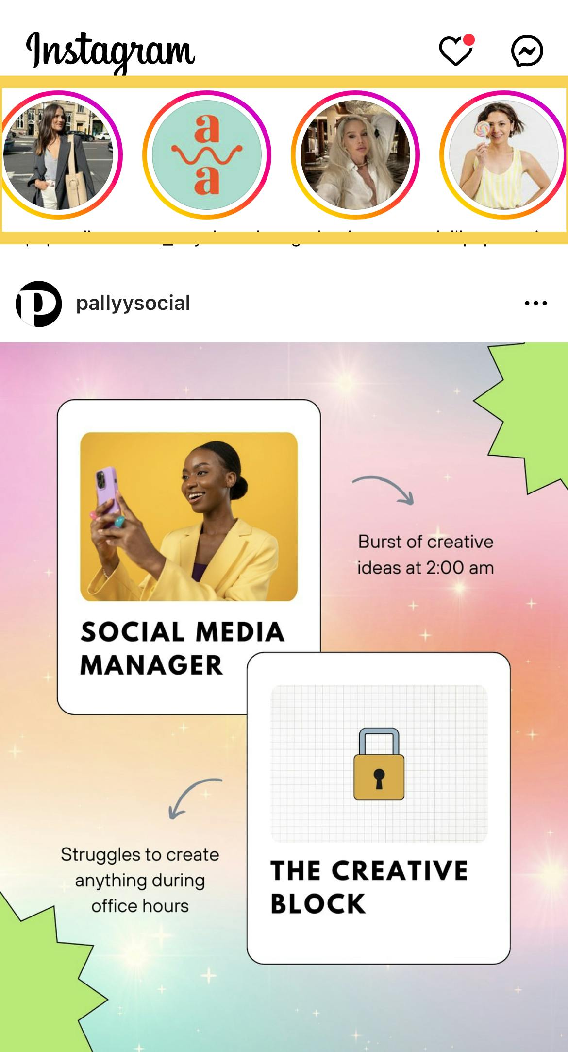 Instagram stories shown in the top row 
