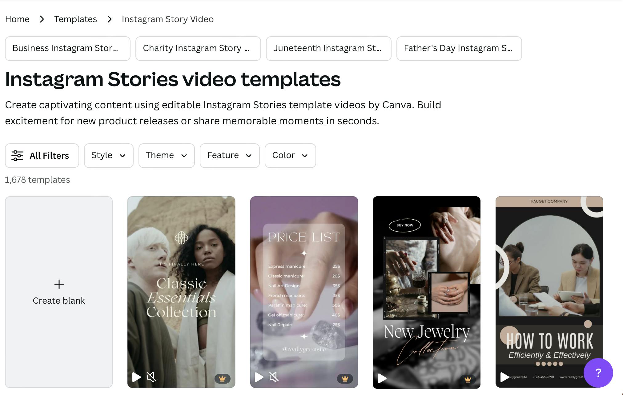 A selection of Instagram stories video templates in Canva.com