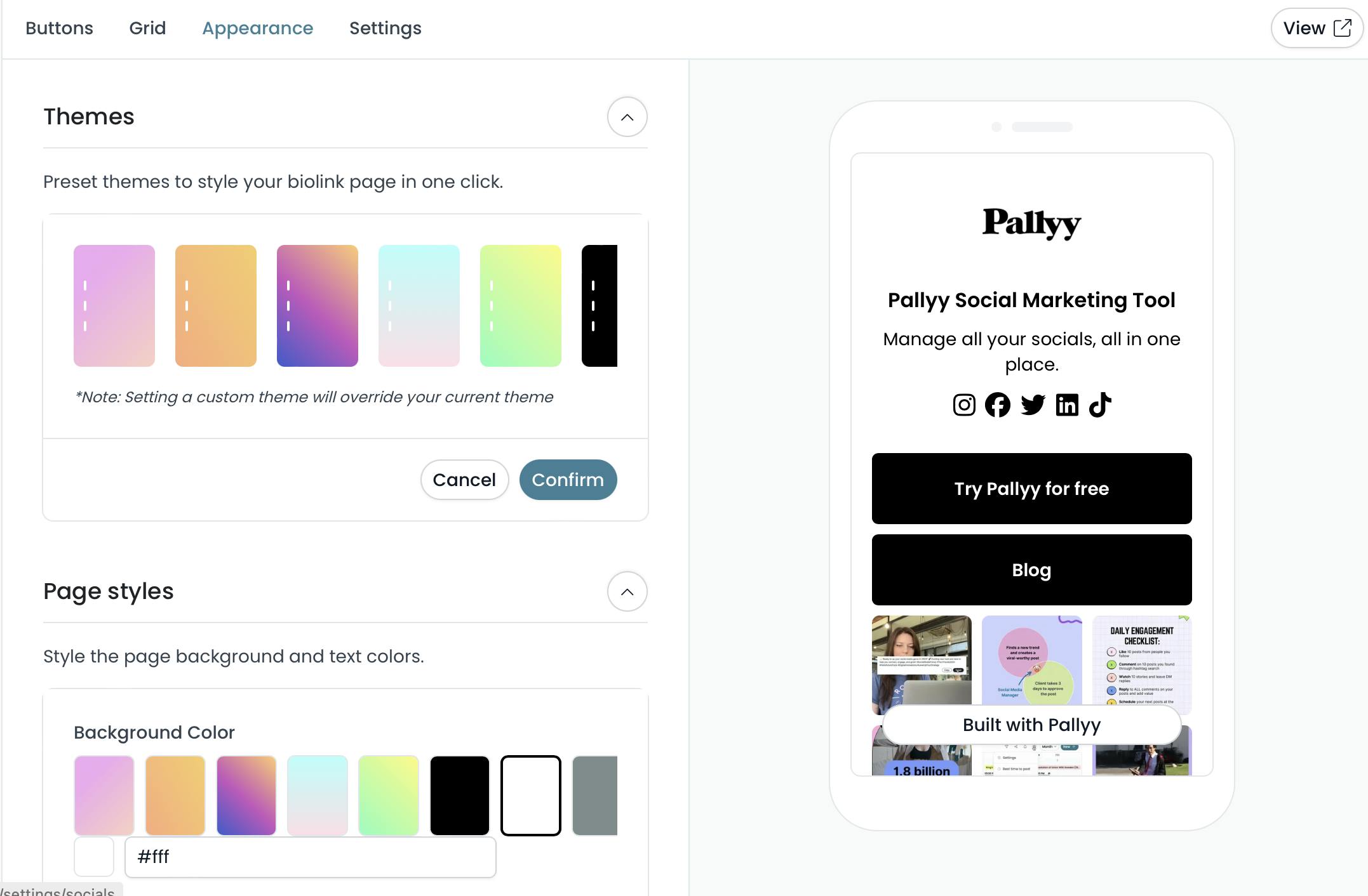 Pallyy's Biolink tool themes selection page