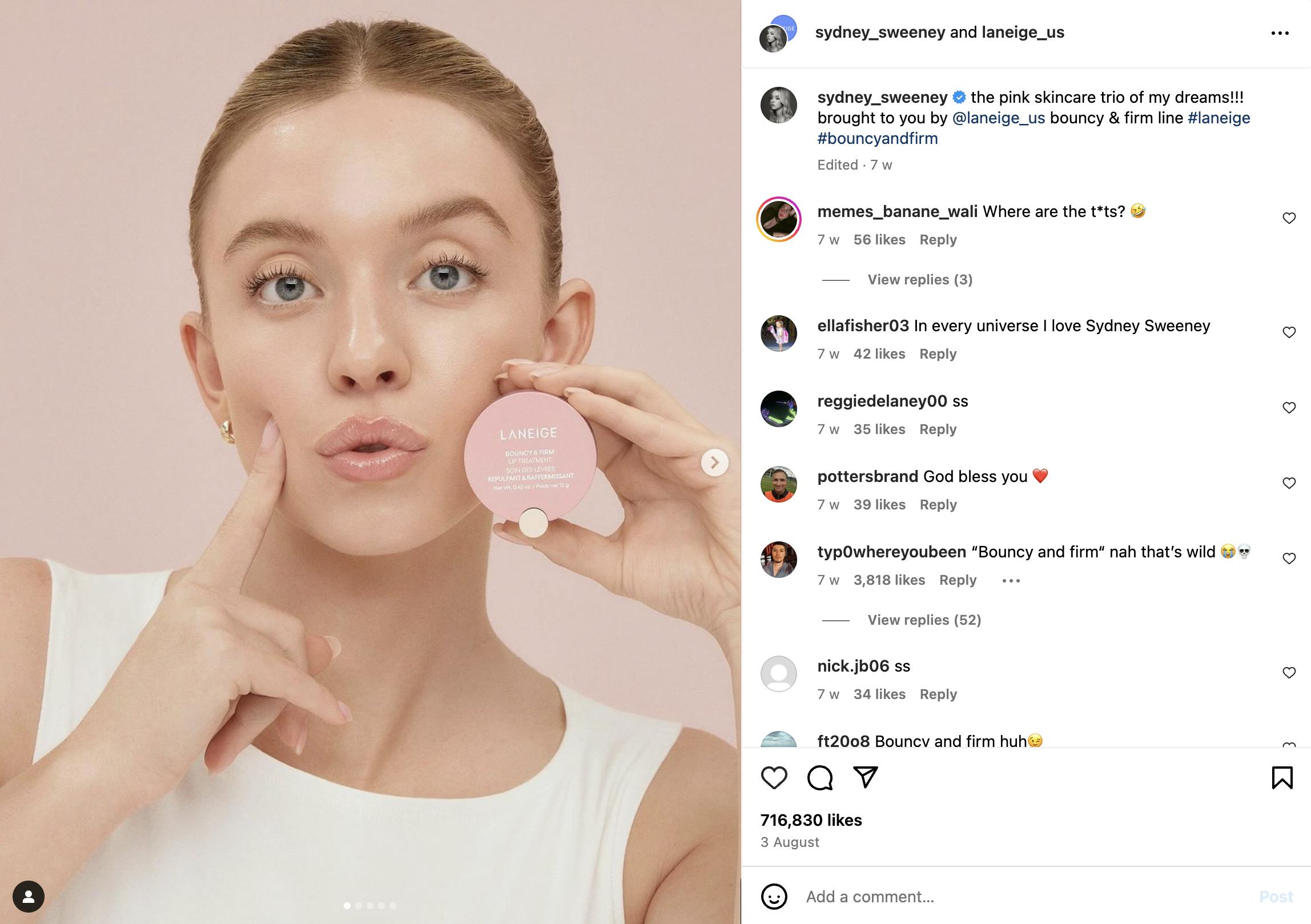 A collaboration post between Sydney Sweeney and Laneige