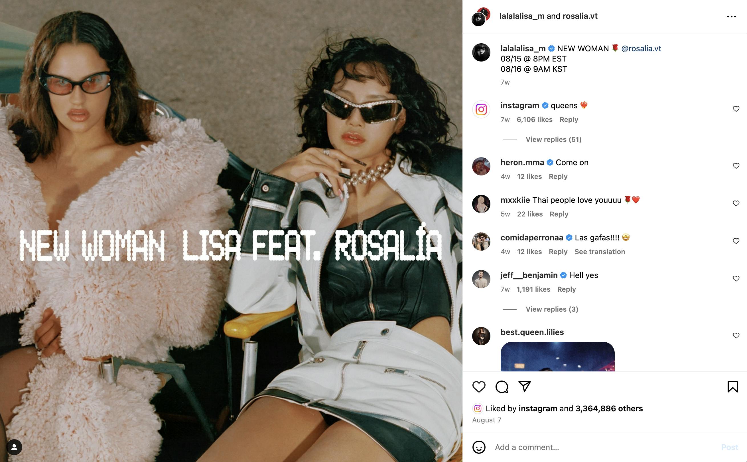 A screenshot of a collaboration post between Rosalía and Lisa