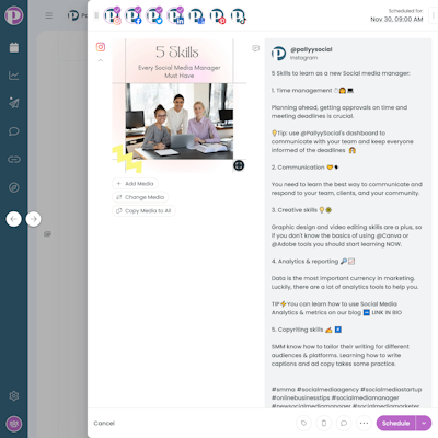 The Instagram scheduing window opened from the grid view.