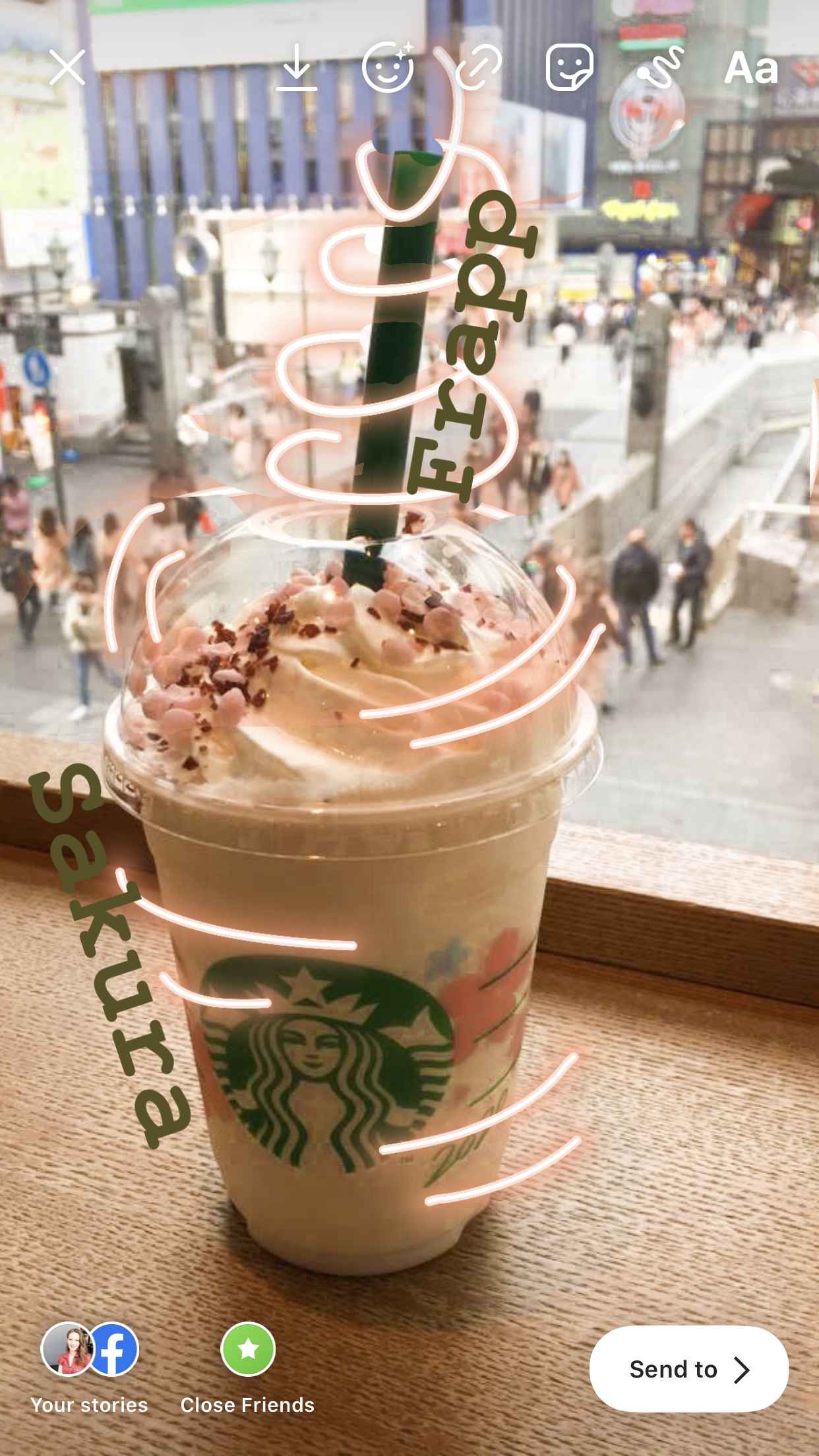 A screenshot of an Instagram story with swirls and lines drawn on it.