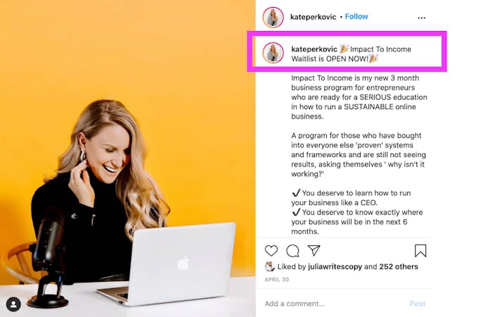 Screenshot of kateperkovics Instagram caption, using a clear call to action in the first line.