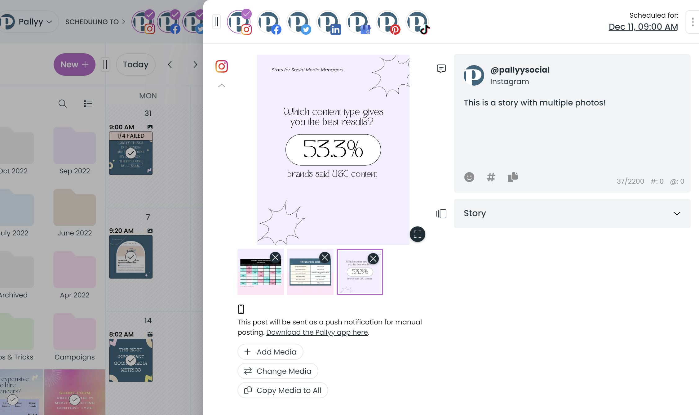 Creating a story with multiple photos in Pallyy's dashboard.