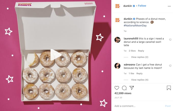 Screenshot of dunkin donuts Instagram post using a short video to try and boost engagement.