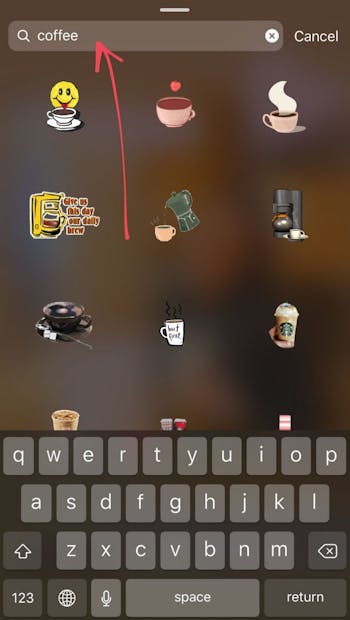 Add a gif sticker to your story by clicking the gif icon in the top bar of your story