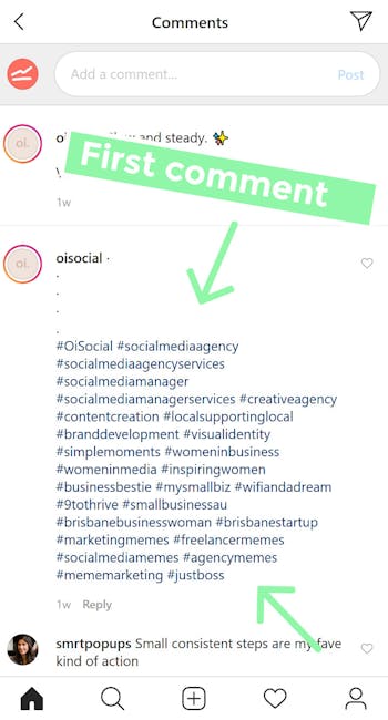 Adding hashtags in the first comment on Instagram posts.