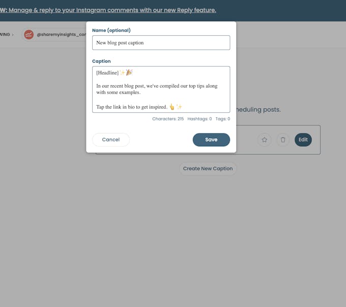 Instagram captions library in Pallyy