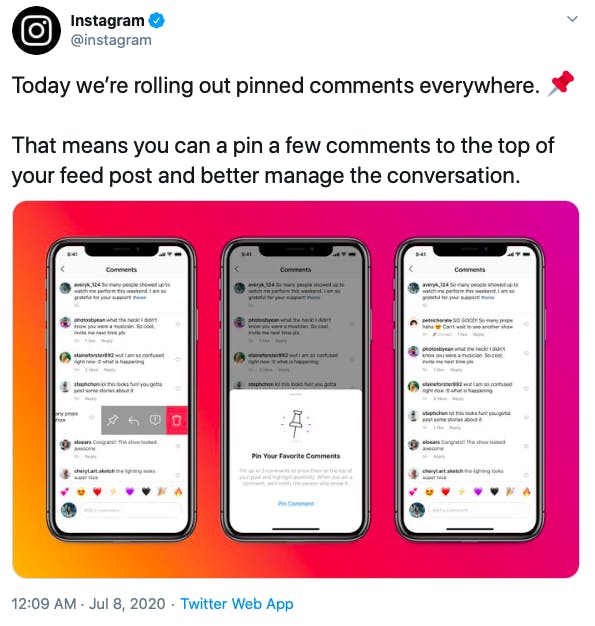 A twitter post by Instagram announcing pinned comments